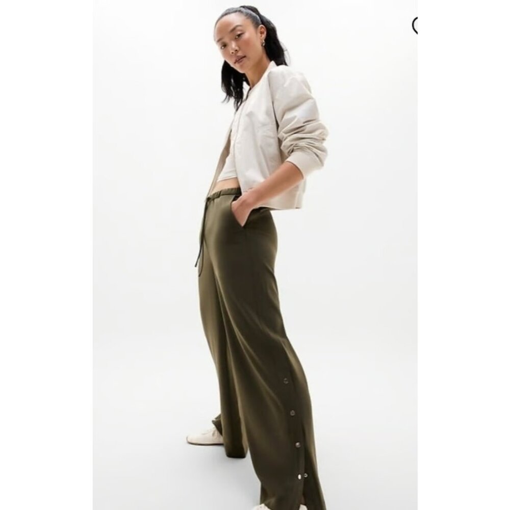 Athleta Olive Green Wide-Leg Snap Track Pants